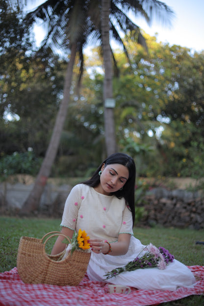 Cream Jamdani Midi Dress with Shrug
