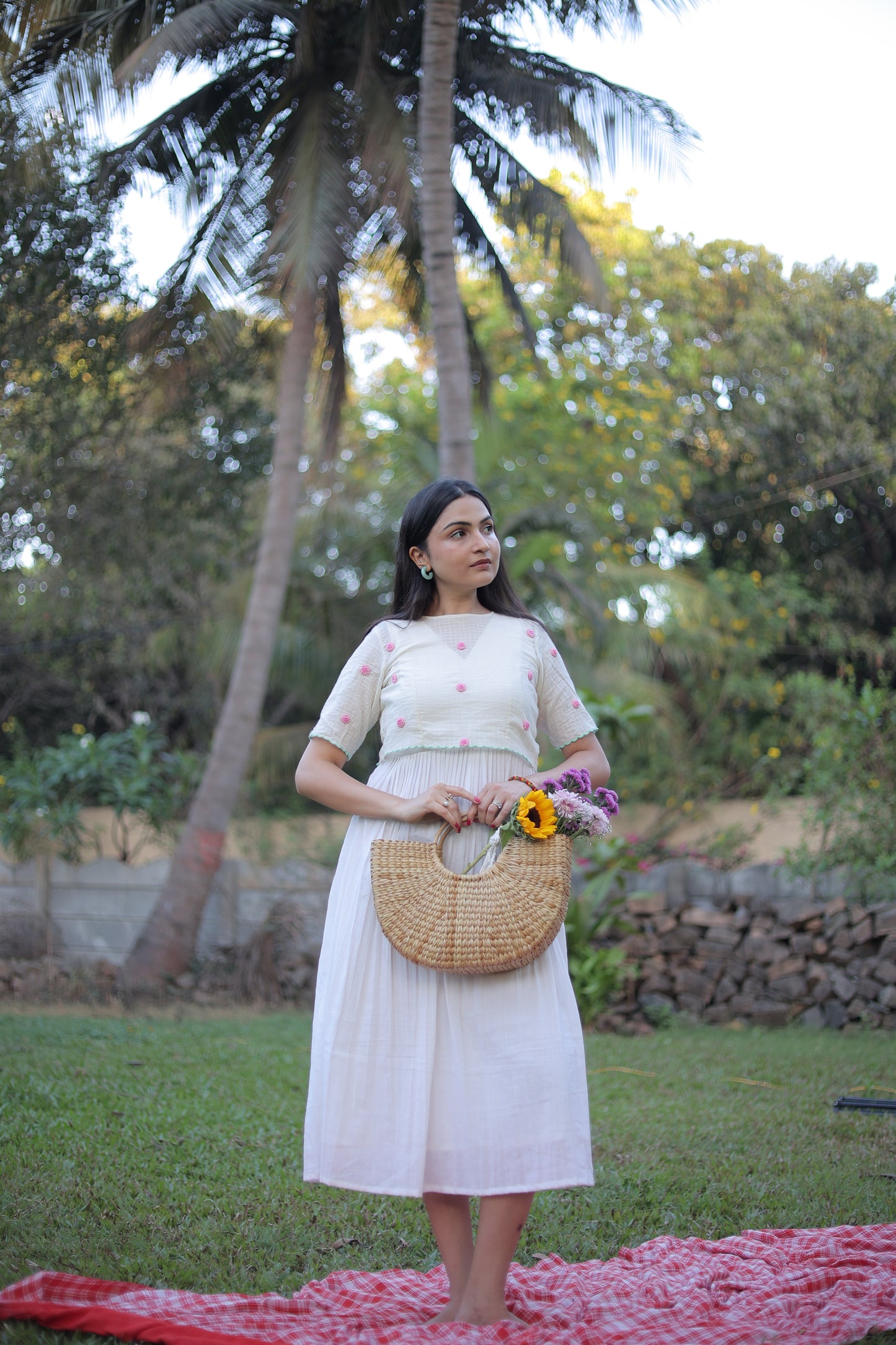 Cream Jamdani Midi Dress with Shrug
