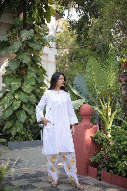 White Flower Kurta-Pant