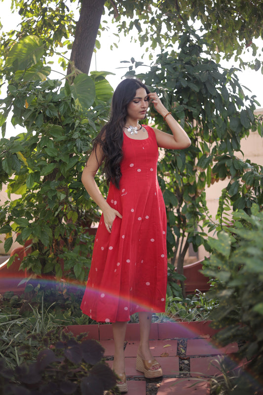 Red Jamdani Midi Dress
