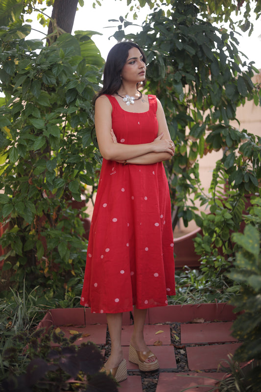 Red Jamdani Midi Dress
