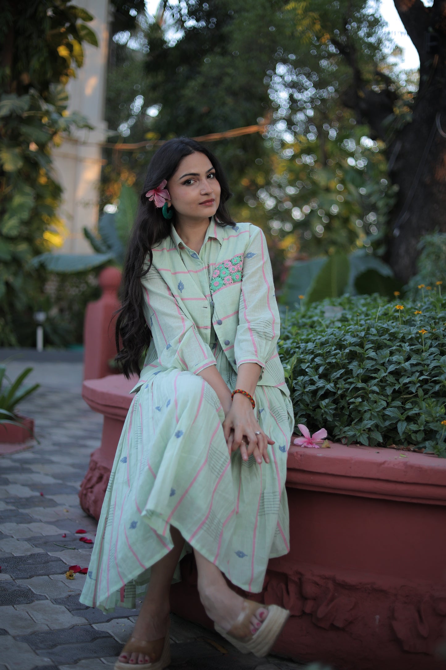 Pista Green Midi Dress with Waistcoat