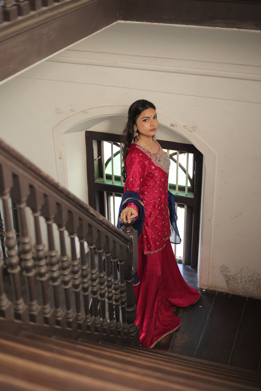 Rani Pink Kurta-Sharara Set With Dupatta
