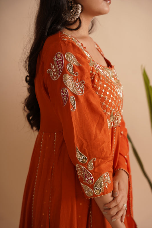 Pure silk Orange Anarkali set