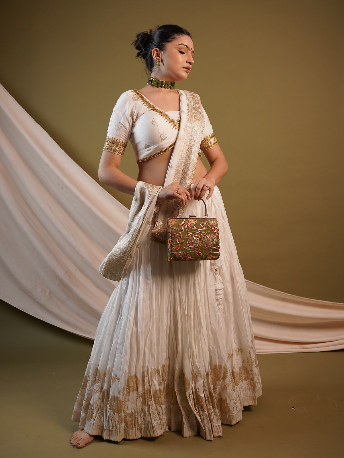 White and Gold Silk Banarasi Lehenga Choli