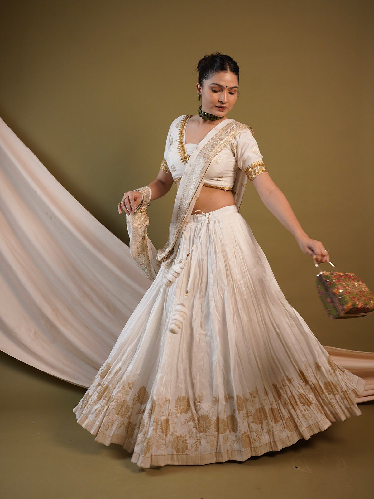 White and Gold Silk Banarasi Lehenga Choli