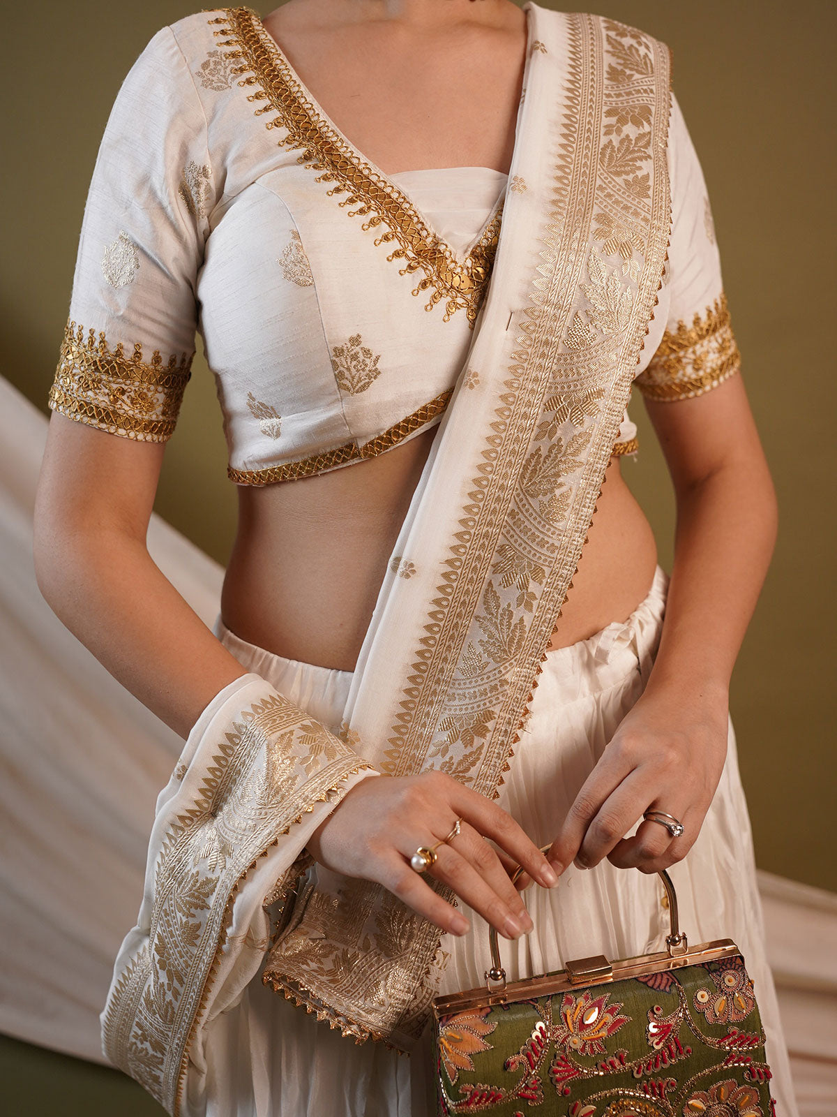 White and Gold Silk Banarasi Lehenga Choli