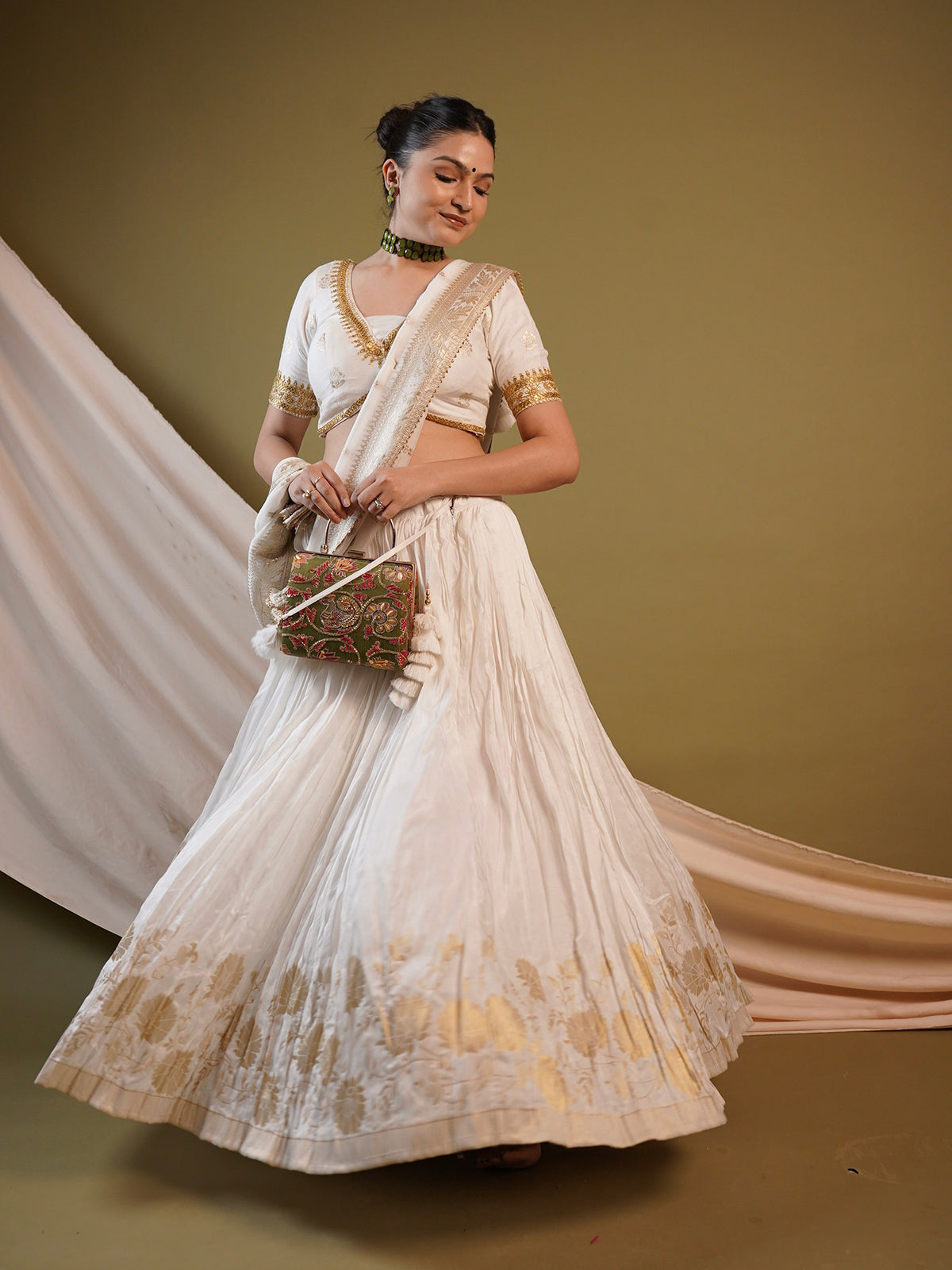 White and Gold Silk Banarasi Lehenga Choli