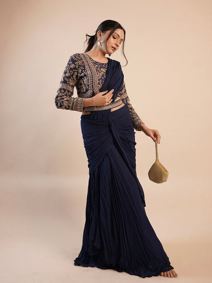 Navy Blue Draped Saree for Wedding Party