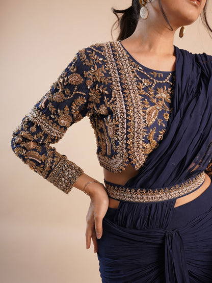 Navy Blue Draped Saree for Wedding Party