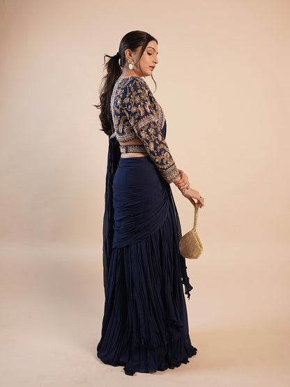 Navy Blue Draped Saree for Wedding Party