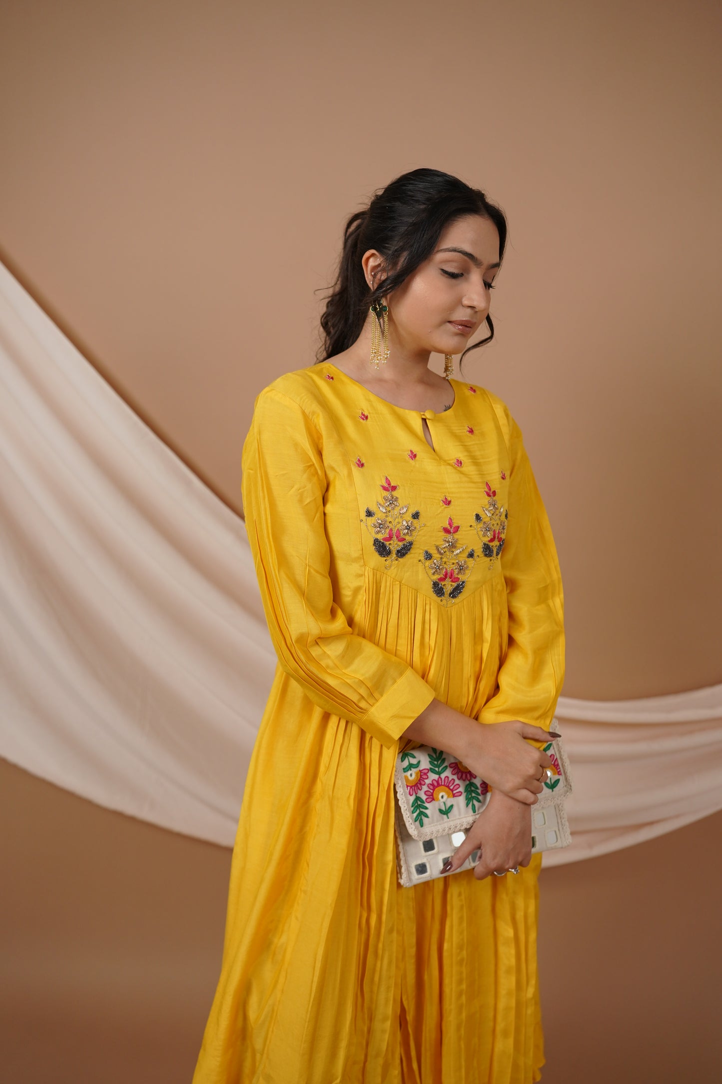 Yellow Chanderi Silk Kurti Set with Handwork on Yoke
