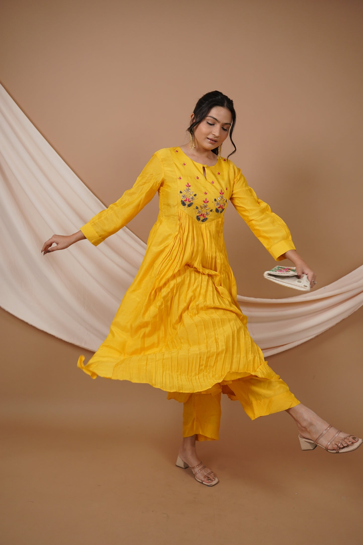 Yellow Chanderi Silk Kurti Set with Handwork on Yoke
