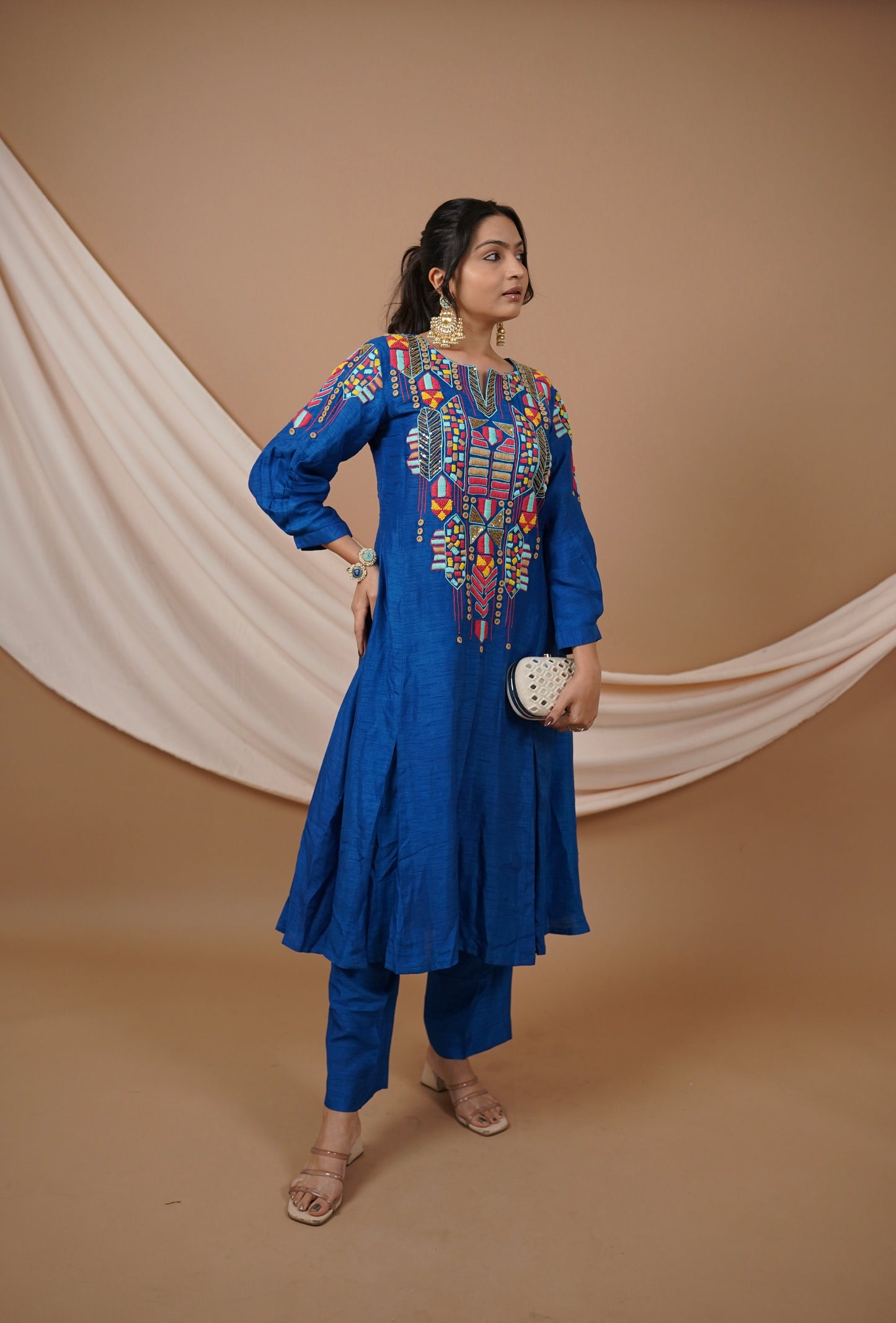 Blue Flat Raw Silk Kurti Set