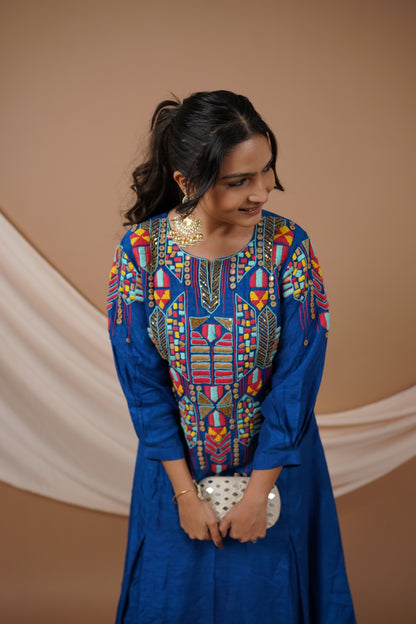 Blue Flat Raw Silk Kurti Set