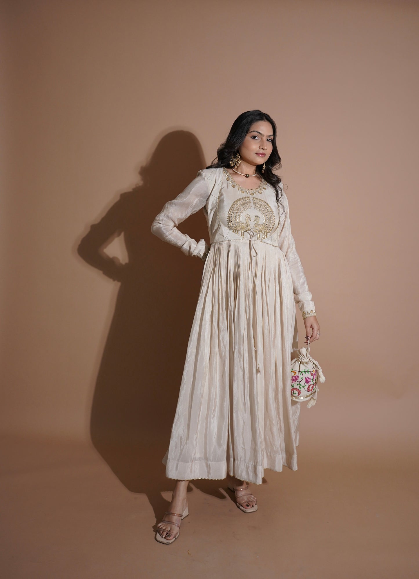 Mayurah Tisssue Silk Ivory Anarkali Dress