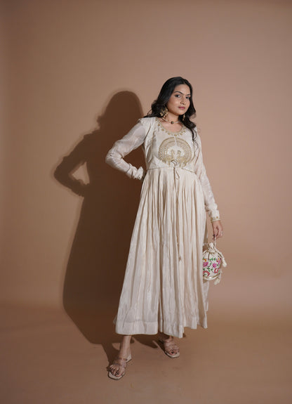 Mayurah Tisssue Silk Ivory Anarkali Dress