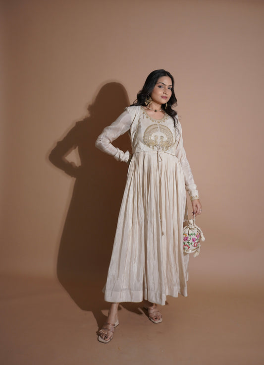 Mayurah Tisssue Silk Ivory Anarkali Dress