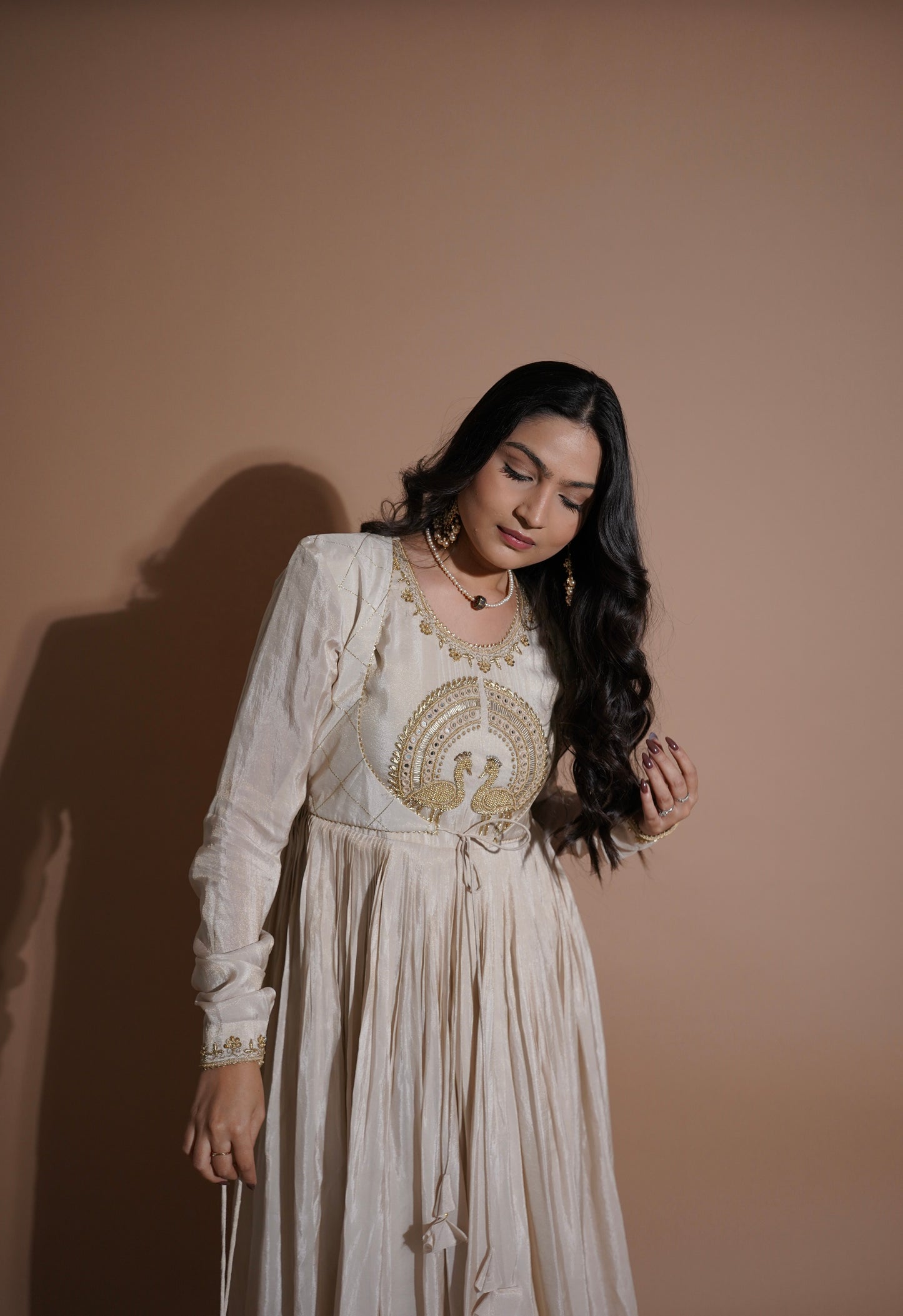Mayurah Tisssue Silk Ivory Anarkali Dress