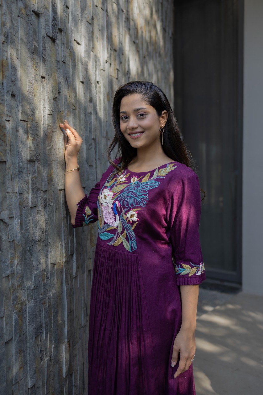 Wine Pleated Dress