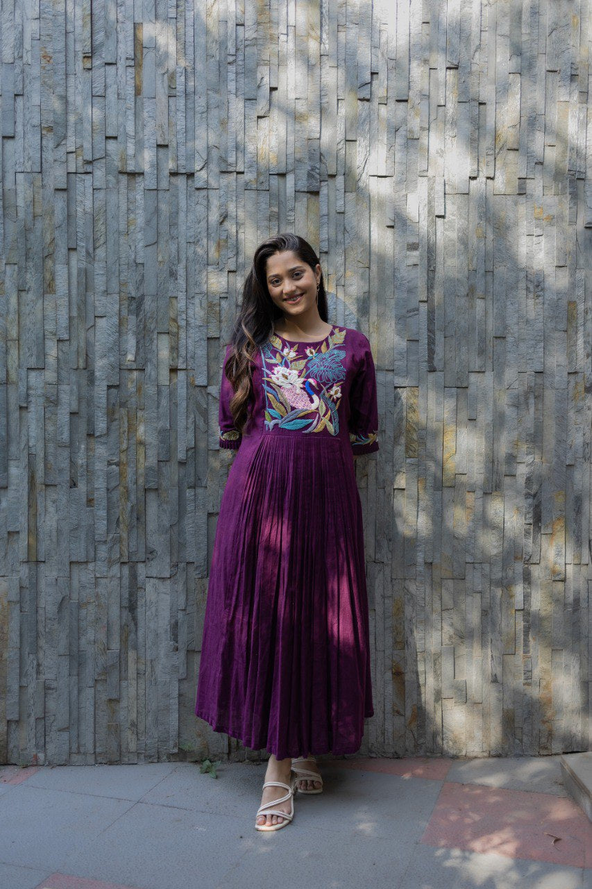 Wine Pleated Dress