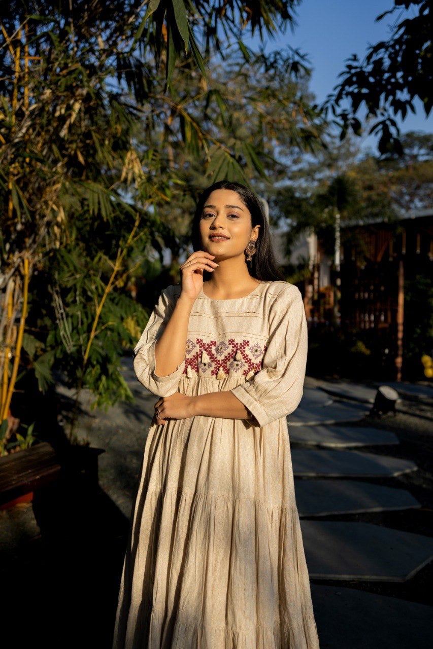 Cream Khadi Anarkali Dress
