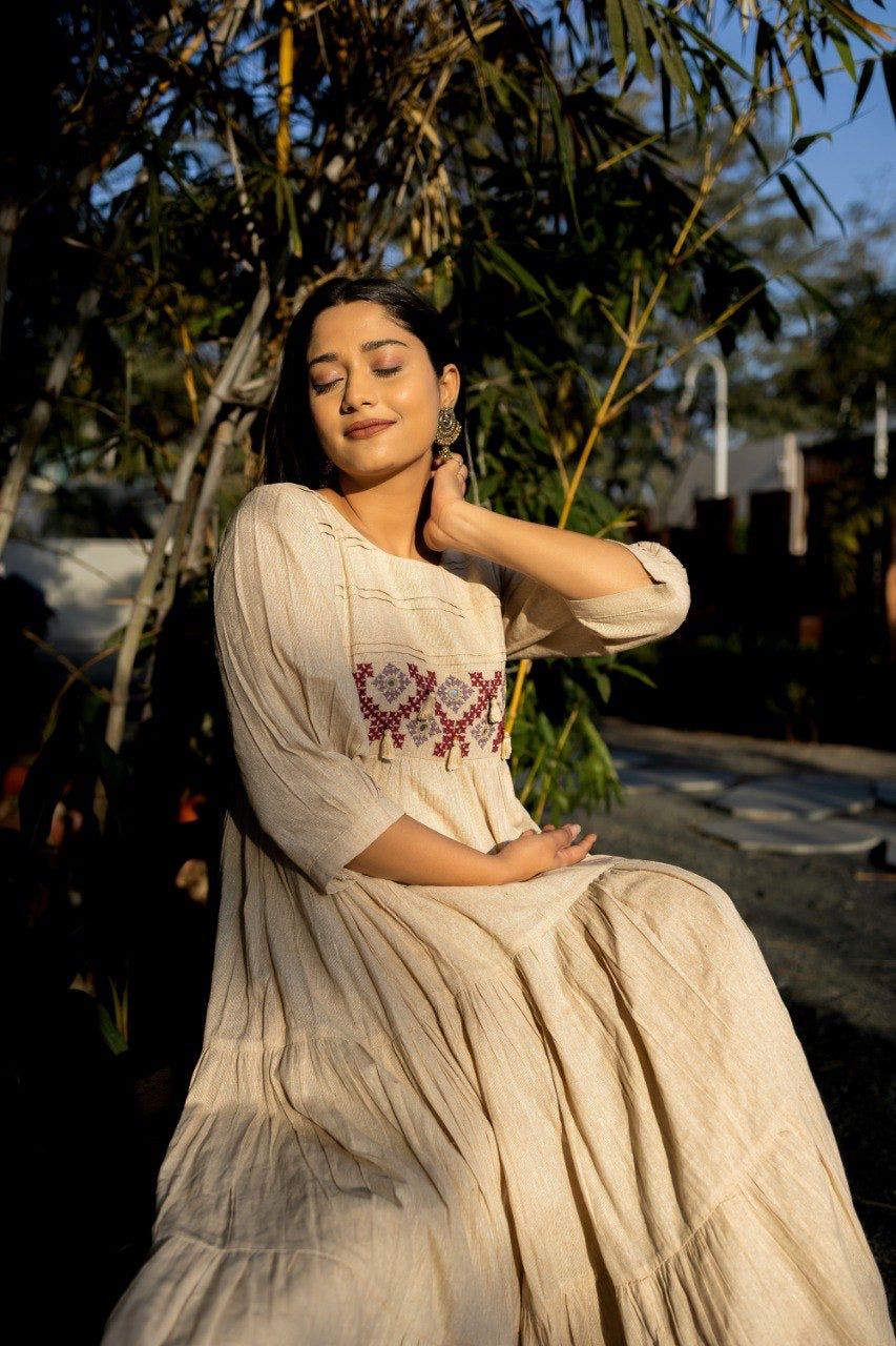 Cream Khadi Anarkali Dress