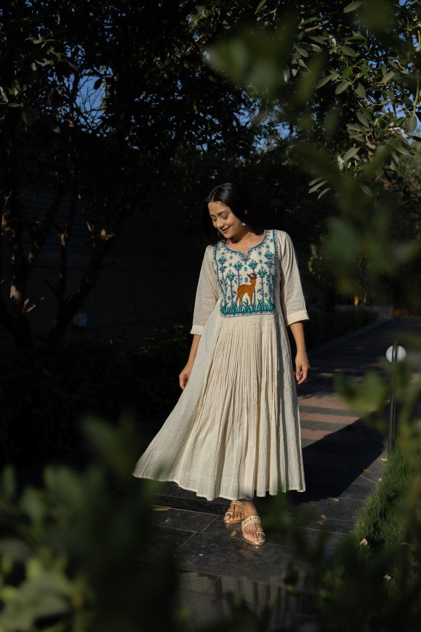Cream Pure Khadi Plated Dress