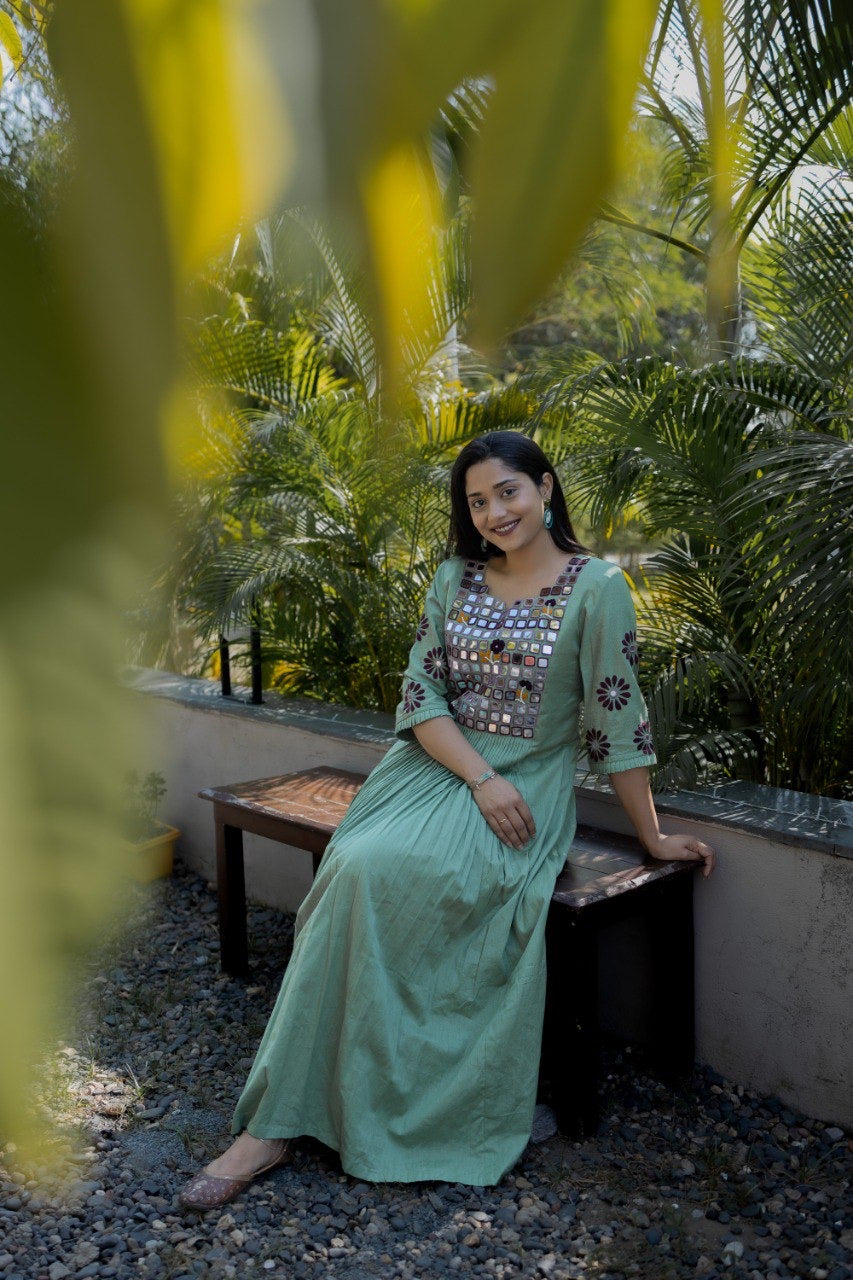 Green Pleated Mirror Dress
