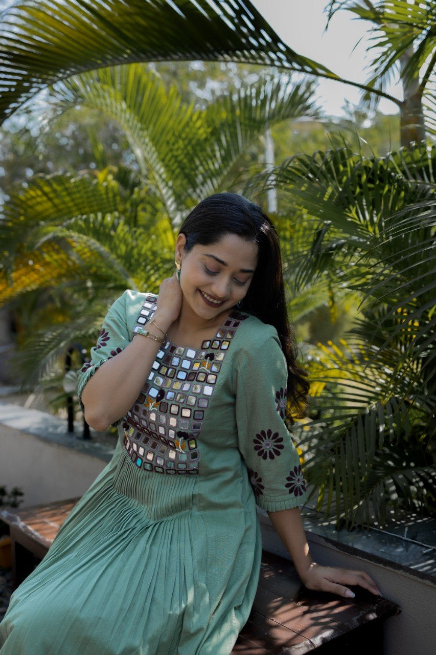 Green Pleated Mirror Dress