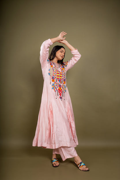 Peach Flat Raw silk Aline Kurta Set