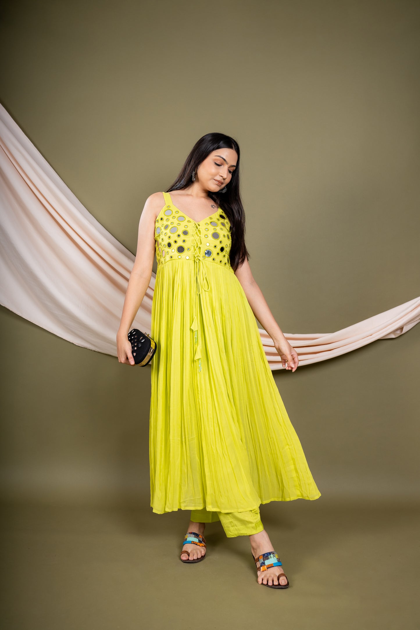Modern Parrot Green Kurti Set with Mirror Work