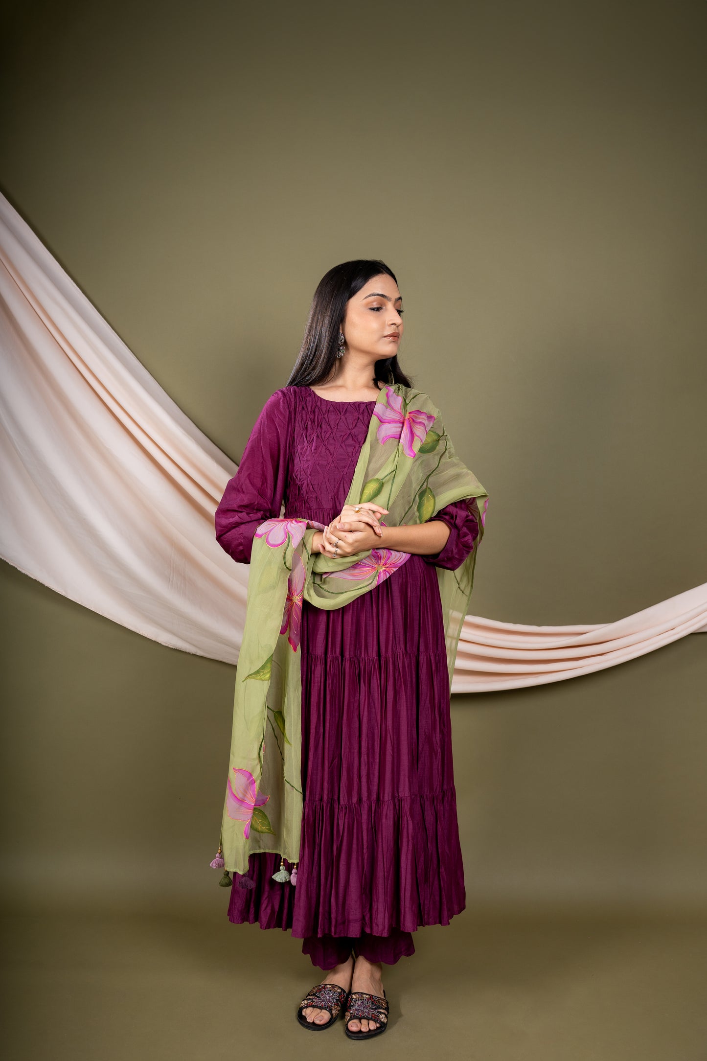 Purple  Flared  Kurta Set with Dupatta