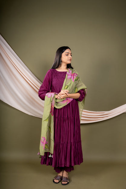 Purple  Flared  Kurta Set with Dupatta