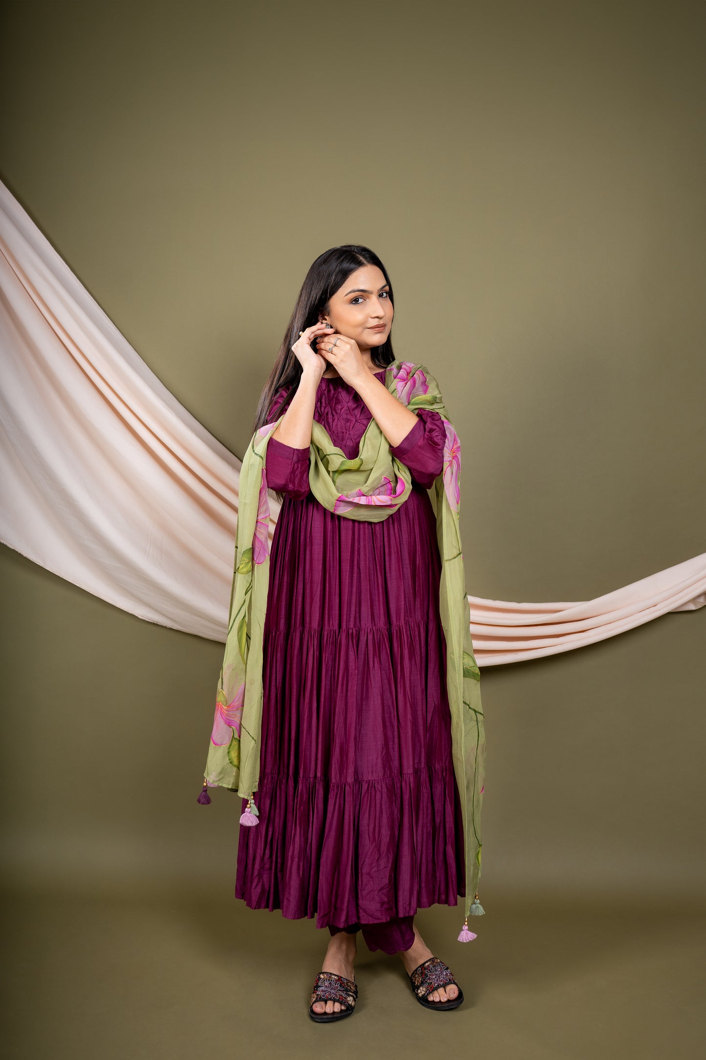 Purple  Flared  Kurta Set with Dupatta