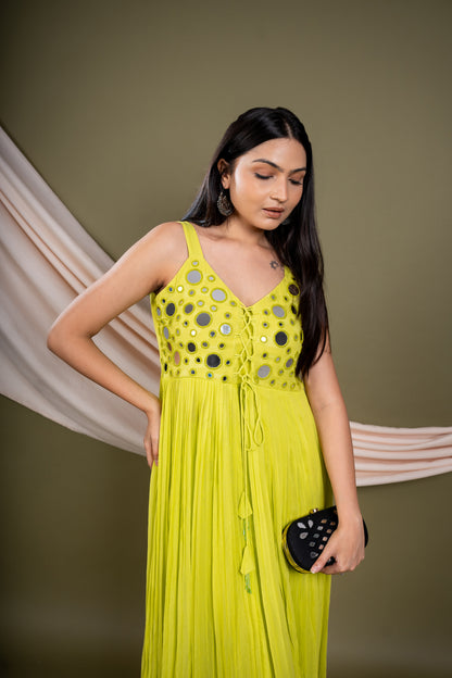 Modern Parrot Green Kurti Set with Mirror Work
