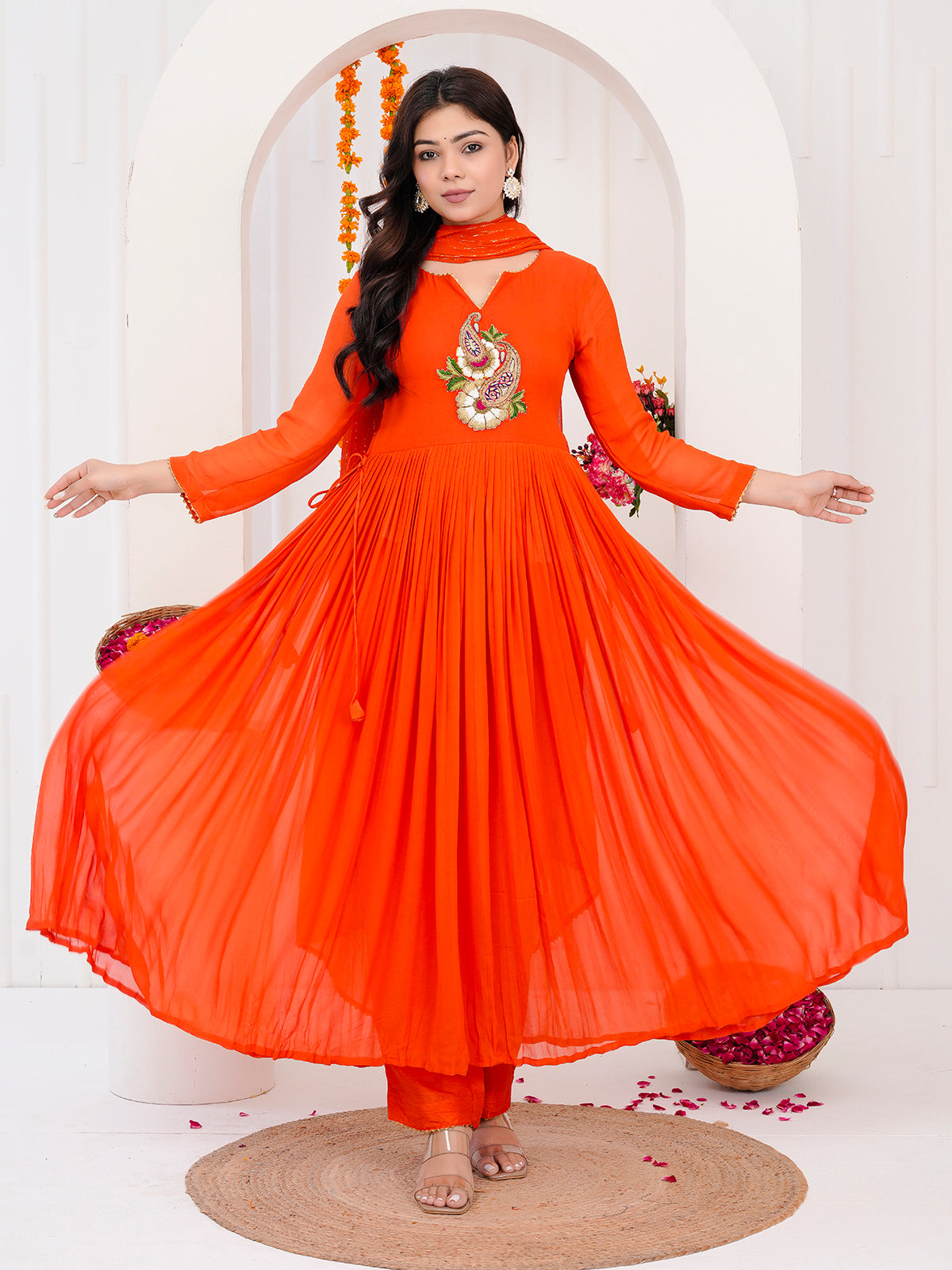 Orange Anarkali Kurti-Set With Duppata