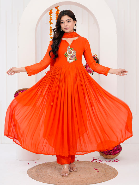 Orange Anarkali Kurti-Set With Duppata