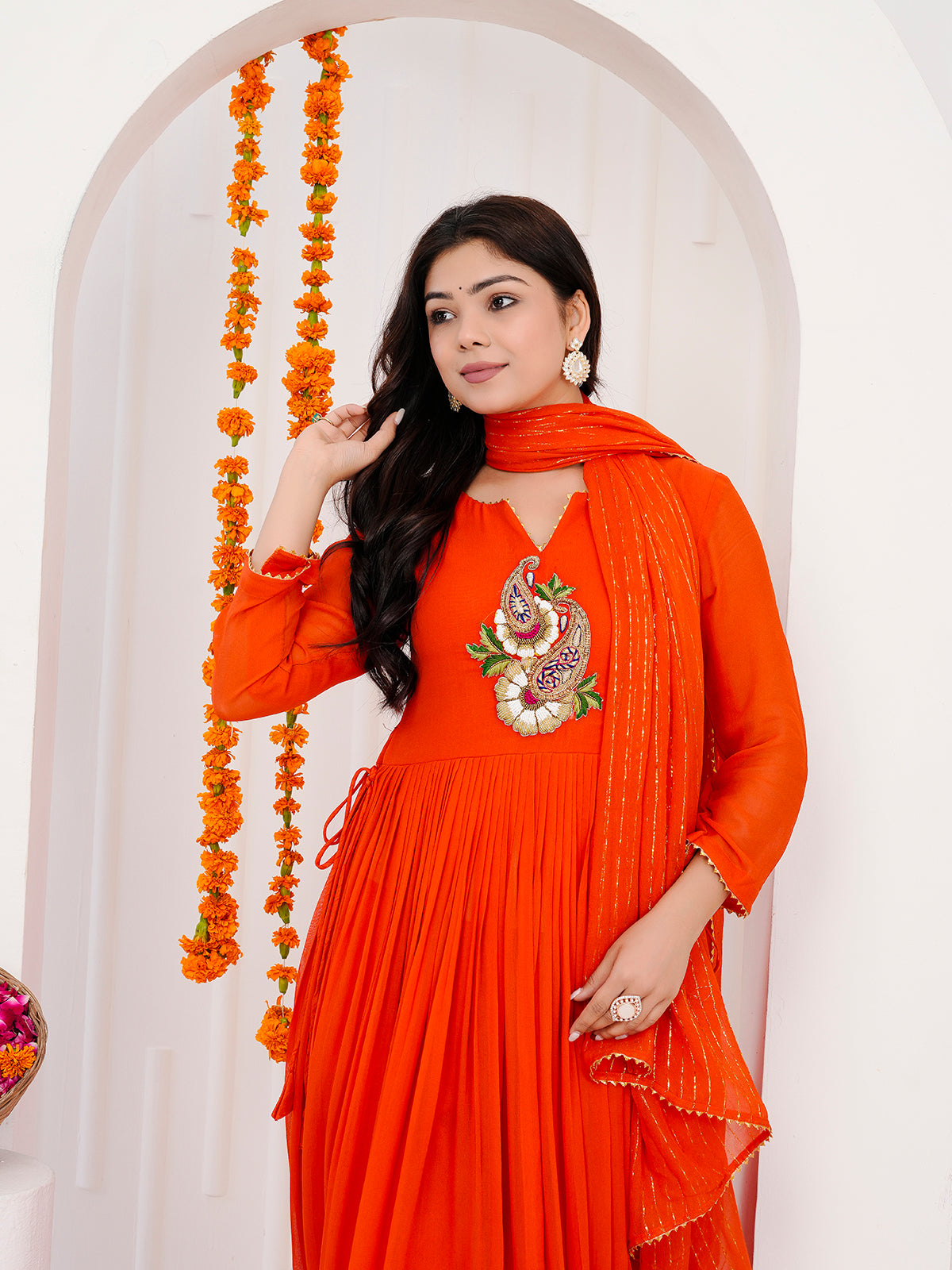 Orange Anarkali Kurti-Set With Duppata