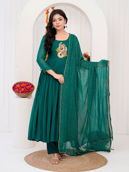 Green Anarkali Kurti-Set With Duppata