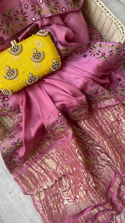 Pink Aari  Work Saree with blouse